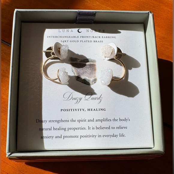 NWT Luna Norte 14K Gold Plated Druzy Quartz Drop Earring Set - Comes w/ Box - Picture 3 of 4